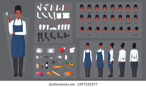 Chef Black Woman, Cook Character Construction and Animation Pack, Black Woman Wearing chef cloths and Hat, with blue Apron, Kitchen equipment, Food, Mouth Animation and Lip Sync Vector Illustration