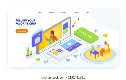 Chef blogger cooking online, landing page design, website banner vector template. Food blogging, video classes, recipes.