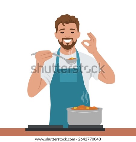 Chef in a blue apron enjoys tasting a freshly cooked meal, showing satisfaction OK hand gesture. Flat vector illustration isolated on white background