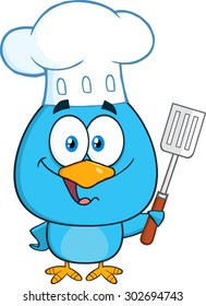 Chef Blue Bird Cartoon Character Holding A Slotted Spatula. Vector Illustration Isolated On White