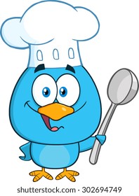 Chef Blue Bird Cartoon Character Holding A Spoon. Vector Illustration Isolated On White