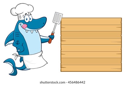 Chef Blue Shark Cartoon Mascot Character Licking His Lips And Holding A Spatula To Wooden Blank Board. Vector Illustration Isolated On White Background