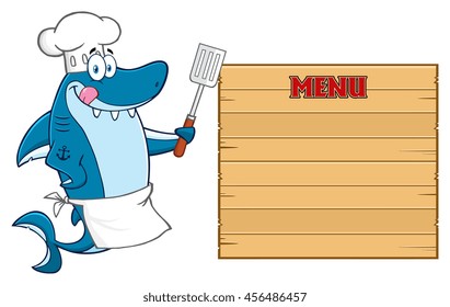 Chef Blue Shark Cartoon Mascot Character Licking His Lips And Holding A Spatula To Wooden Blank Board With Text Menu. Vector Illustration Isolated On White Background