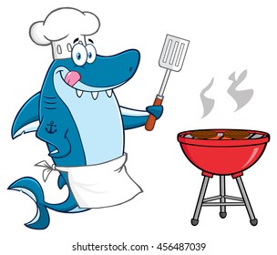 Chef Blue Shark Cartoon Mascot Character Licking His Lips And Holding A Spatula By A Barbeque With Roasted Burgers. Vector Illustration Isolated On White Background