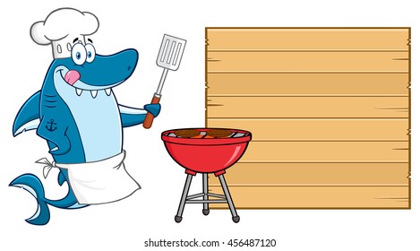 Chef Blue Shark Cartoon Mascot Character Licking His Lips And Holding A Spatula By A Barbeque With Roasted Burgers To Wooden Blank Board. Vector Illustration Isolated On White Background