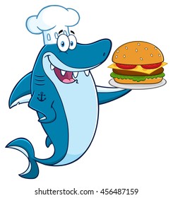 Chef Blue Shark Cartoon Mascot Character Holding A Big Burger. Vector Illustration Isolated On White Background