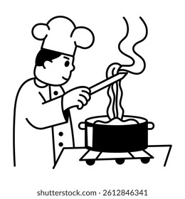 A chef boiling pasta in kitchen, doodle style illustration
