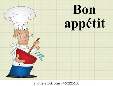 Chef with bon appetit which translates as enjoy your meal on graph paper background with copy space for own text