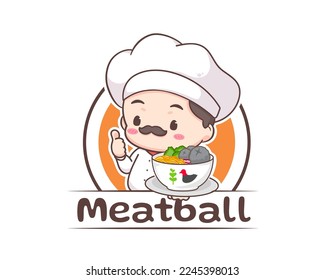 Chef with a bowl of bakso or meatball logo template. Cute cartoon character. Indonesian traditional food. Food concept design. Isolated white background. Vector art illustration