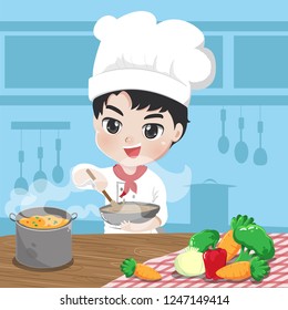 Chef boy is cooking with a happy love in his kitchen.