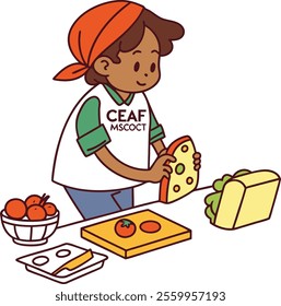 A CHEF  BOY EATING AND COOKING PIZZA 