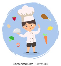 Chef Boy. Vector illustration of a boy in chef uniform hat holding food tray surrounded by ingredients isolated on blue background.