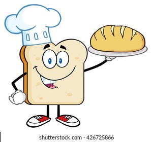 Chef Bread Slice Cartoon Character Presenting Perfect Bread. Vector Illustration Isolated On White Background