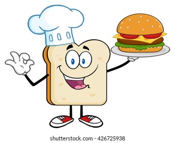 Chef Bread Slice Cartoon Character Presenting Perfect Hamburger. Vector Illustration Isolated On White Background