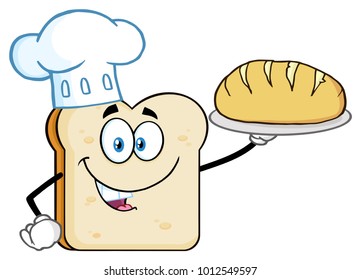 Chef Bread Slice Cartoon Mascot Character Presenting Perfect Bread. Vector Illustration Isolated On White Background