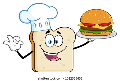 Chef Bread Slice Cartoon Mascot Character Presenting Perfect Burger. Vector Illustration Isolated On White Background