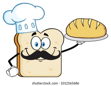 Chef Bread Slice Cartoon Mascot Character Presenting Perfect Bread. Vector Illustration Isolated On White Background