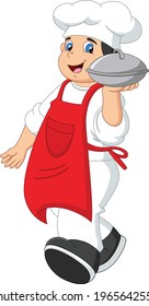 chef bring a food tray on a white background