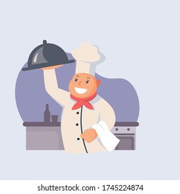 Chef brings dishes to be served. Cartoon cook chef illustration. Professions job, vector character restaurant staff flat design,for website, poster, pamphlet or any design