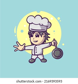 a chef brings a frying pan