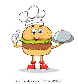 Chef Burger Cartoon Mascot Character Holding a Silver Dome or Cloche. 