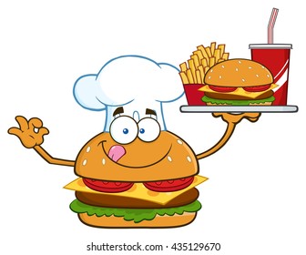 Chef Burger Cartoon Mascot Character Holding A Platter With Burger, French Fries And A Soda. Vector Illustration Isolated On White Background