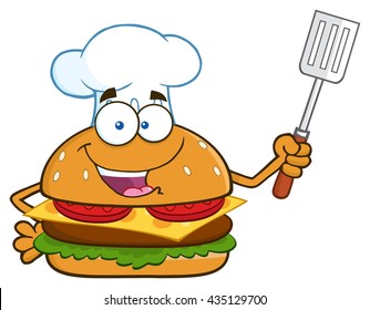 Chef Burger Cartoon Mascot Character Holding A Slotted Spatula. Vector Illustration Isolated On White Background