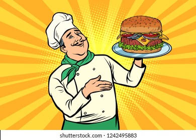 chef with Burger. Cooking fast food. Restaurant lunch. Comic cartoon pop art retro vector illustration drawing