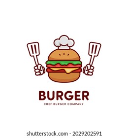 chef burger hamburger cartoon mascot logo icon holding spatula