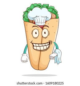 chef of burrito cartoon character bring a napkin with funny smile face