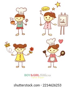 Chef, business people and girl hand drawn filled outline style character vector design