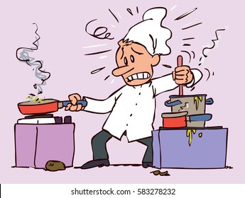 Chef too busy and stressed, cooking several recipes at once with expression of overwhelm