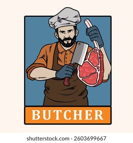 Chef butcher cuts meat with a knife for the menu of grill restaurant mascot, steakhouse. Vector illustration