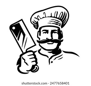 Chef with butcher knife emblem. Male cook with knife logo. Hand drawn drawing for barbecue restaurant menu