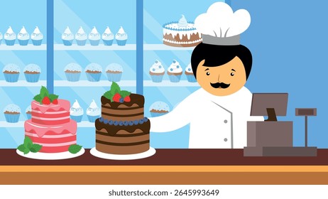 Chef with cake in the confectionery shop. Vector illustration