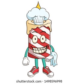 chef of candle cartoon character bring a napkin with funny smile face