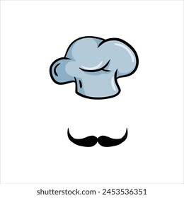 Chef cap. Cook sign. Cafe or french restaurant illustration. White uniform and hat. Bakery costume, cooking wear with moustache isolated on white.