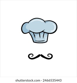 Chef cap. Cook sign. White uniform and hat. Cafe or french restaurant illustration. Bakery costume, cooking wear with moustache isolated on white