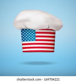 Chef cap with the flag of USA. Vector illustrations on the traditional cuisine of different countries.