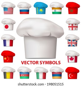 Chef cap with the flags of different countries. Traditional national cuisine. Vector symbols.