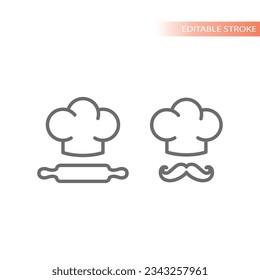 Tapa del chef, clavija rodante e icono de la línea del bigote. Iconos en el perfil de sombrero de cocina, cocina y restaurante.