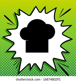 Chef cap sign. Black Icon on white popart Splash at green background with white spots. Illustration.