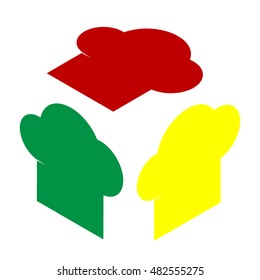 Chef cap sign. Isometric style of red, green and yellow icon.