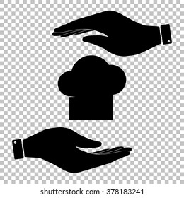 Chef cap sign. Save or protect symbol by hands.