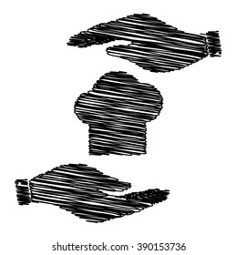 Chef cap sign. Save or protect symbol by hands with scribble effect.