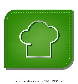 Chef cap sign. Silver gradient line icon with dark green shadow at ecological patched green leaf. Illustration.
