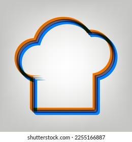 Cartel de la gorra del chef. Icono marcado en colores naranja, azul y lavanda antigua en fondo gris. Ilustración.