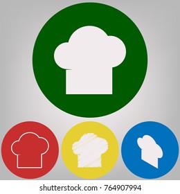Chef cap sign. Vector. 4 white styles of icon at 4 colored circles on light gray background.
