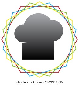 Chef cap sign. Vector. Black icon with patch of light inside colorful hexagonal frames at white background.