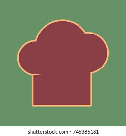 Chef cap sign. Vector. Cordovan icon and mellow apricot halo with light khaki filled space at russian green background.